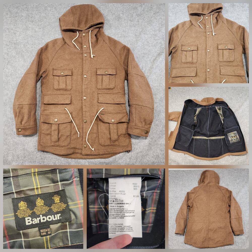 Barbour Mens 40 M Medium Wool Hooded Field Jacket Coat Full‎ Zip Brown Hunting
